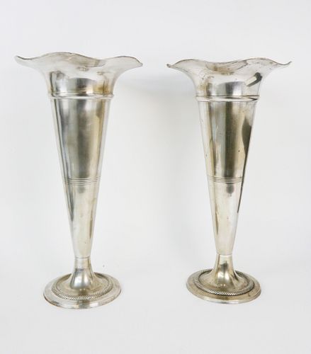 Pair of Polished Pewter Floral Trumpet Vases