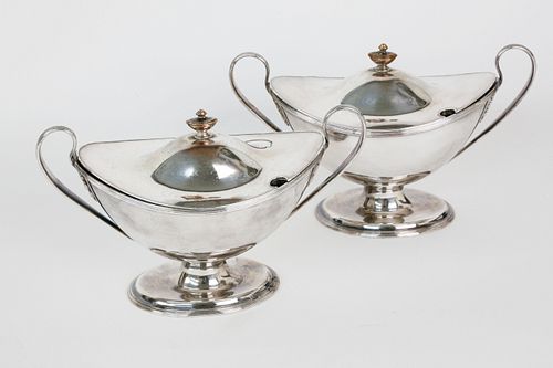 Pair of George III Old Sheffield Plate Covered Sauce Dishes, circa 1790