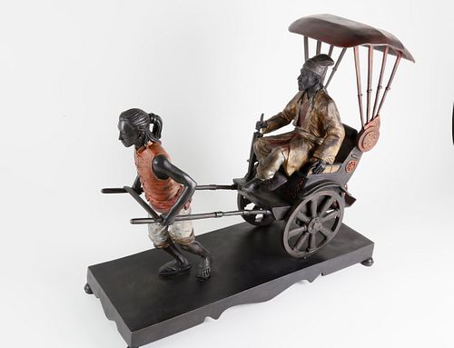 Vintage Asian Polychromed Bronze Rickshaw Figural Group Sculpture, 20th Century