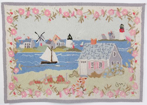Claire Murray Wool Hooked Rug "Cottages and Lighthouses"