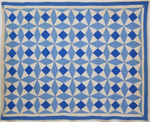 Shades of Blue On White Pinwheel Patchwork Quilt, circa 1930s