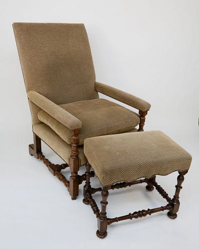 Oversized English Oak Upholstered Open Armchair