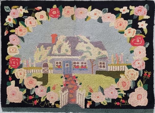 Vintage Claire Murray Hooked Rug of a Nantucket Cottage