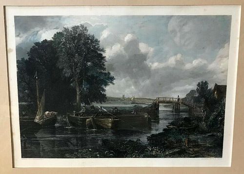 John Constable/John Lucas, View on the Stour,Antique Engraving , signed/plate