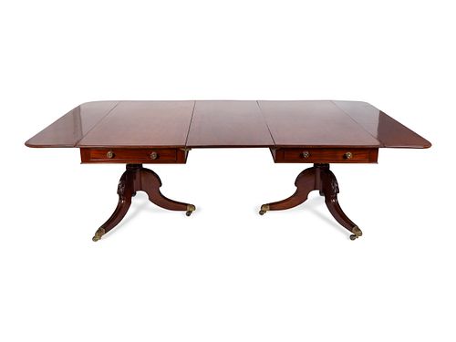 A Regency Style Mahogany Two-Pedestal Dining Table
Height 29 x width 94 x depth 53 1/2 inches.