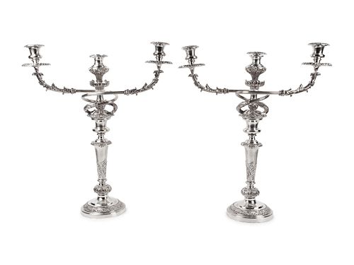 A Pair of Sheffield Plated Three-Light Candelabra
Height 23 1/2 inches.