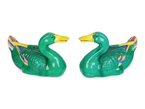 A Pair of Chinese Green Glazed Models of Ducks
Height 8 1/2 x length 12 inches.