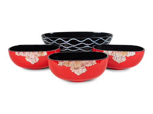 A Group of Four Lacquered Bowls
Largest, height 6 1/4 x width 18 x depth 8 inches.