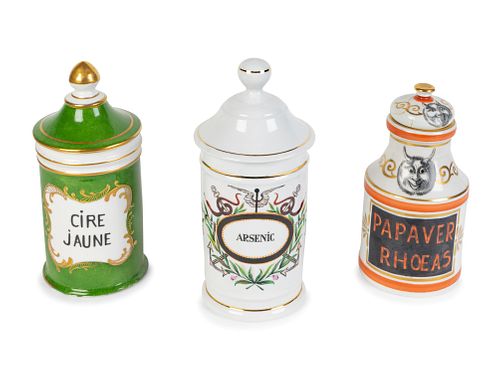 Fourteen Painted and Gilt Decorated Porcelain Apothecary Jars 