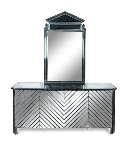 A Contemporary Mirrored Credenza with Associated Mirror
Height 32 x length 73 x depth 18 inches; height of mirror 36 x width 32 inches.