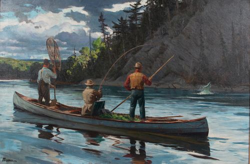 Ogden M. Pleissner (1905-1983) Jimmy's Pool on the Restigouche, Playing a Salmon - New Brunswick