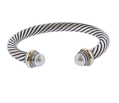 David Yurman Silver 14k Gold Pearl Cable Bracelet