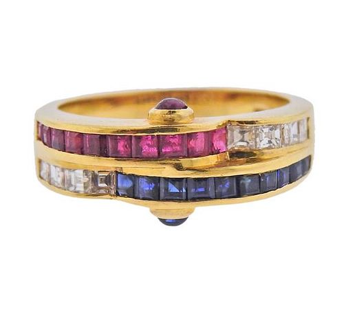 18K Gold Diamond Ruby Sapphire Band Ring
