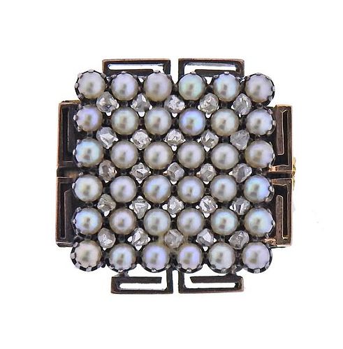 Antique Victorian 14K Gold Rose Cut Diamond Pearl Brooch Pin