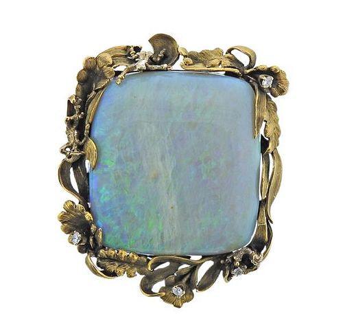 Antique 18K Gold Diamond 18.30ct Opal Brooch Pin