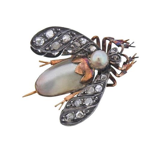 Antique 18k Gold Silver Rose Cut Diamond Pearl Insect Brooch 