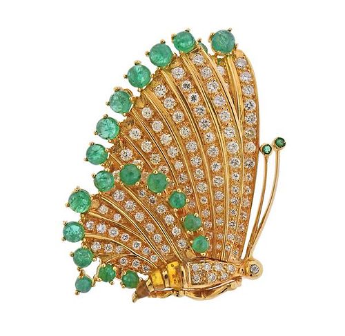 18k Gold Diamond Emerald Butterfly Brooch Pin 