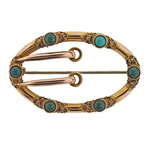 Antique 14k Gold Turquoise Buckle Brooch Pin 