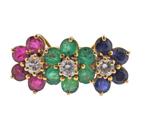 18k Gold Diamond Emerald Ruby Sapphire Flower Ring 