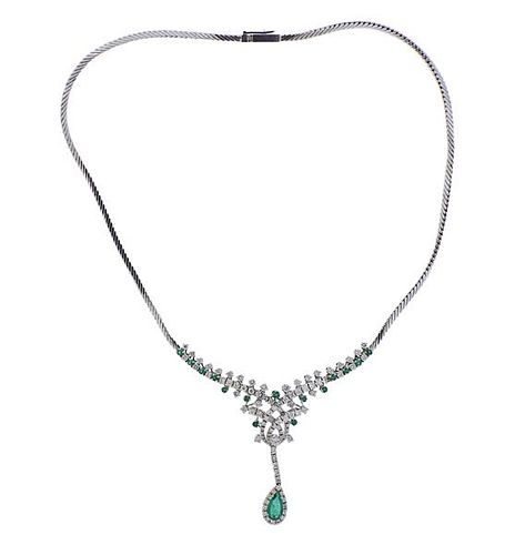 18k Gold Diamond Emerald Drop Pendant Necklace 