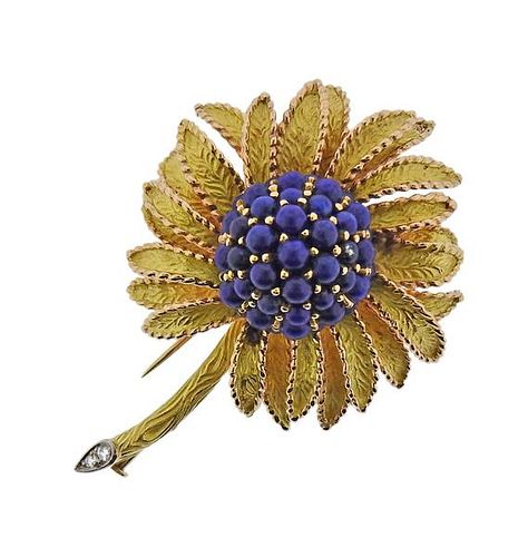 1960s 18K Gold Diamond Lapis Floral Brooch Pin