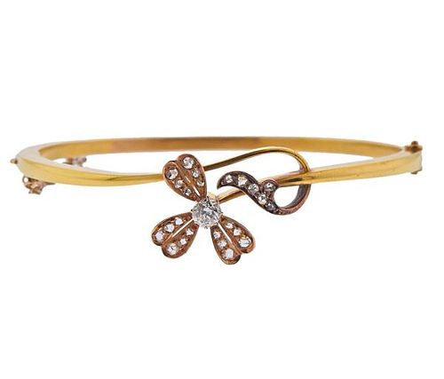 Antique 18K Gold Diamond Floral Bangle Bracelet