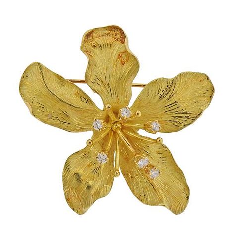 Tiffany &amp; Co 18K Gold Diamond Orchid Flower Brooch Pin