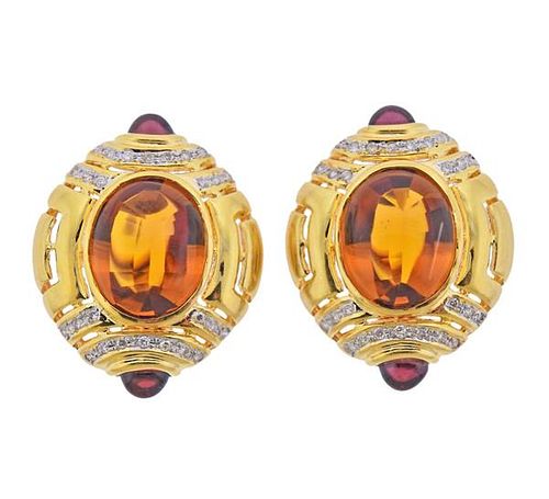 18K Gold Diamond Garnet Citrine Earrings