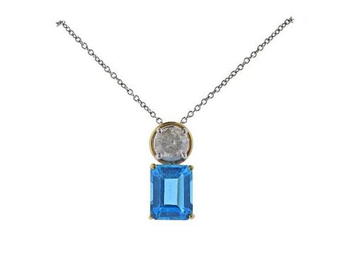 14K Gold Diamond Blue Topaz Pendant Necklace 
