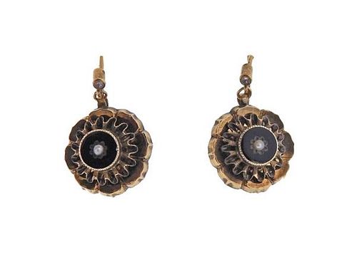 Antique Victorian 14K Gold Pearl Enamel Earrings
