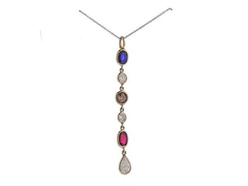 14K Gold Diamond Ruby Sapphire Pendant Necklace