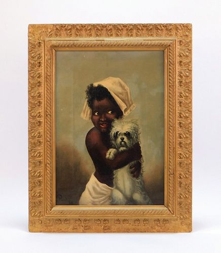 19C Black Americana Folk Girl and Dog Painting