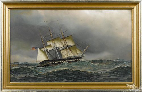 Antonio Jacobsen (American 1850-1921), oil on board ship portrait of the U.S.S. Constitution