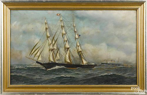 Antonio Jacobsen (American 1850-1921), oil on board ship portrait of the C.C. Chapman