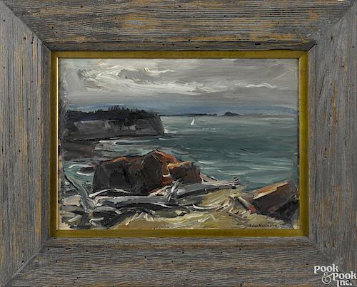 John Folinsbee (American 1892-1972), oil on canvas seascape, titled Sloop off the Point, signed