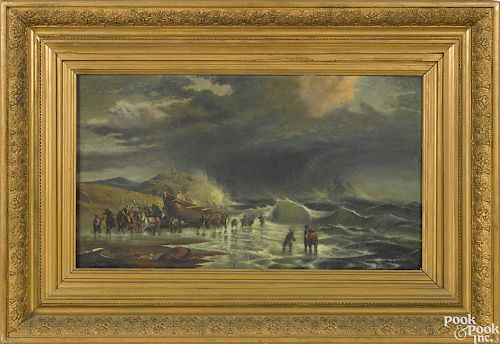 After Edward Moran, oil on canvas seascape, ''Rescue Along the Coast'', signed W. Palmer