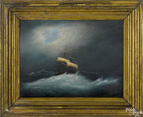 Attributed to Clement Drew (American 1806-1889), oil on board seascape of a ship in rough seas