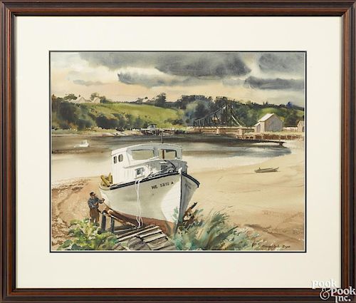 Ranulph Bye (American 1916-2003), watercolor harbor scene, titled On the Beach, Thomaston Maine