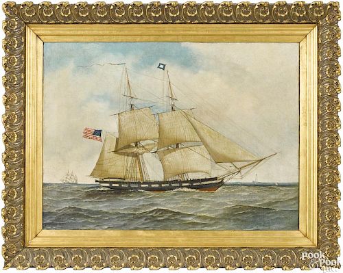 Antonio Jacobsen (American 1850-1921), oil on canvas portrait of a boat
