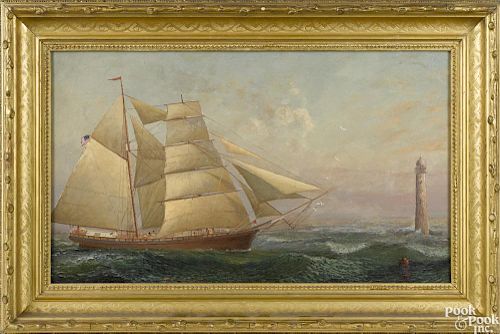 Oil on board seascape, inscribed on verso Painted for Capt. Perry, Boston, Oct. 14, 1871 for $40.