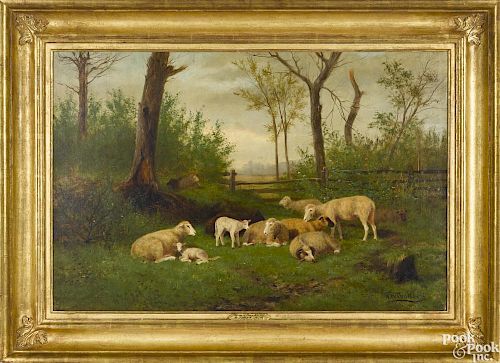 Newbold Hough Trotter (American 1827-1898), oil on canvas, titled Family of Sheep Resting