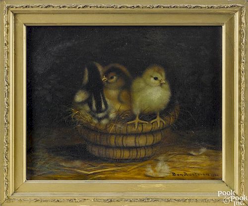 Ben Austrian (American 1870-1921), oil on canvas of three chicks in a rye straw basket, signed