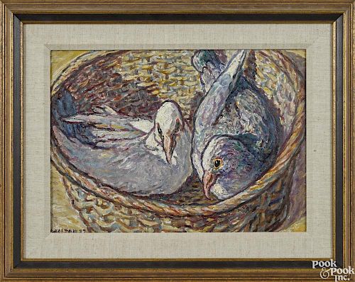 Harold Weston (American 1894-1972), oil on canvas of two pigeons in a basket, signed lower left