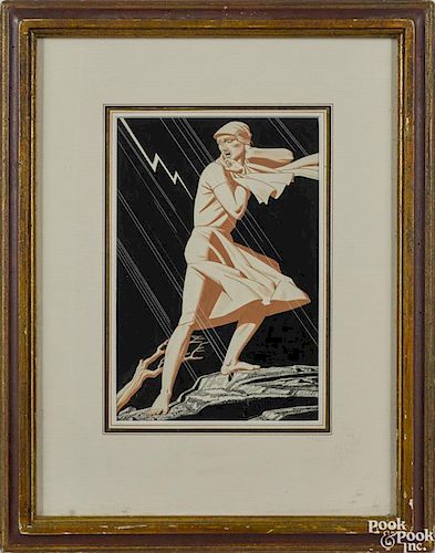 Rockwell Kent (American 1882-1971), ink, gouache, and drybrush of a woman and lightning, unsigned