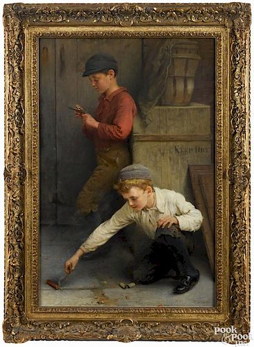 John George Brown (American 1831-1913), oil on canvas of two boys with a firecracker and a cap gun