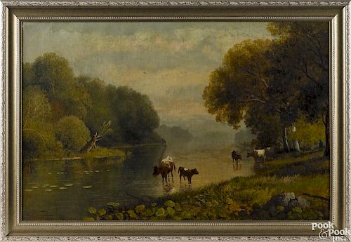 Henry W. Whiting (American 1841-1905), oil on canvas landscape with cows by a pond's edge, signed