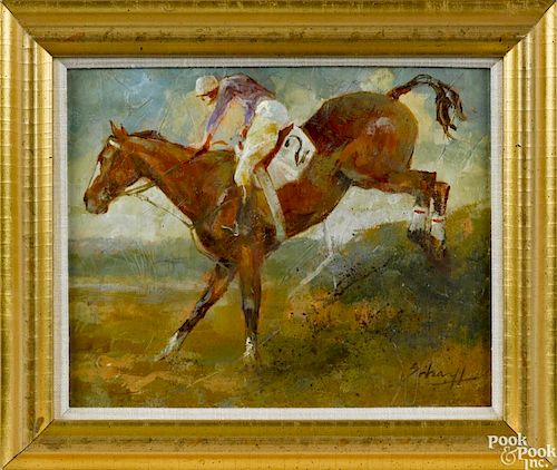 Ralph Scharff (American 1922-1993), tempera on board, titled Brush Horse, signed lower right