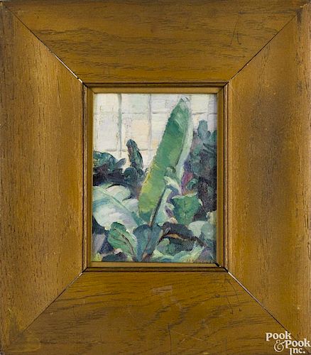 John J.A. Dixon (American, b. 1888), oil on board, titled In a Greenhouse, signed lower right