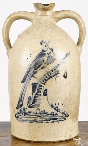 New York stoneware four-gallon jug, 19th c., impressed West Troy Pottery, with a bird on a stump