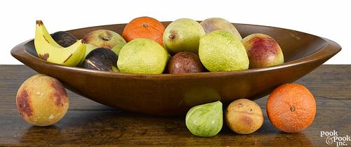 Stone fruit, together with an oblong maple bowl, 20'' w.